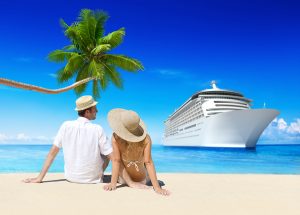 Romantic Couple Relaxing at Beach with 3D Cruise Ship